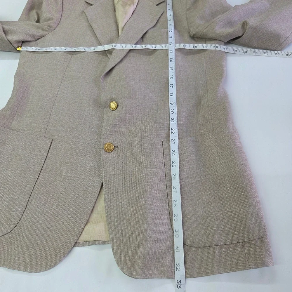 Halston‎ Blazer Men Size 40L Tan Vintage Gold Button Patch Pocket Sport Coat